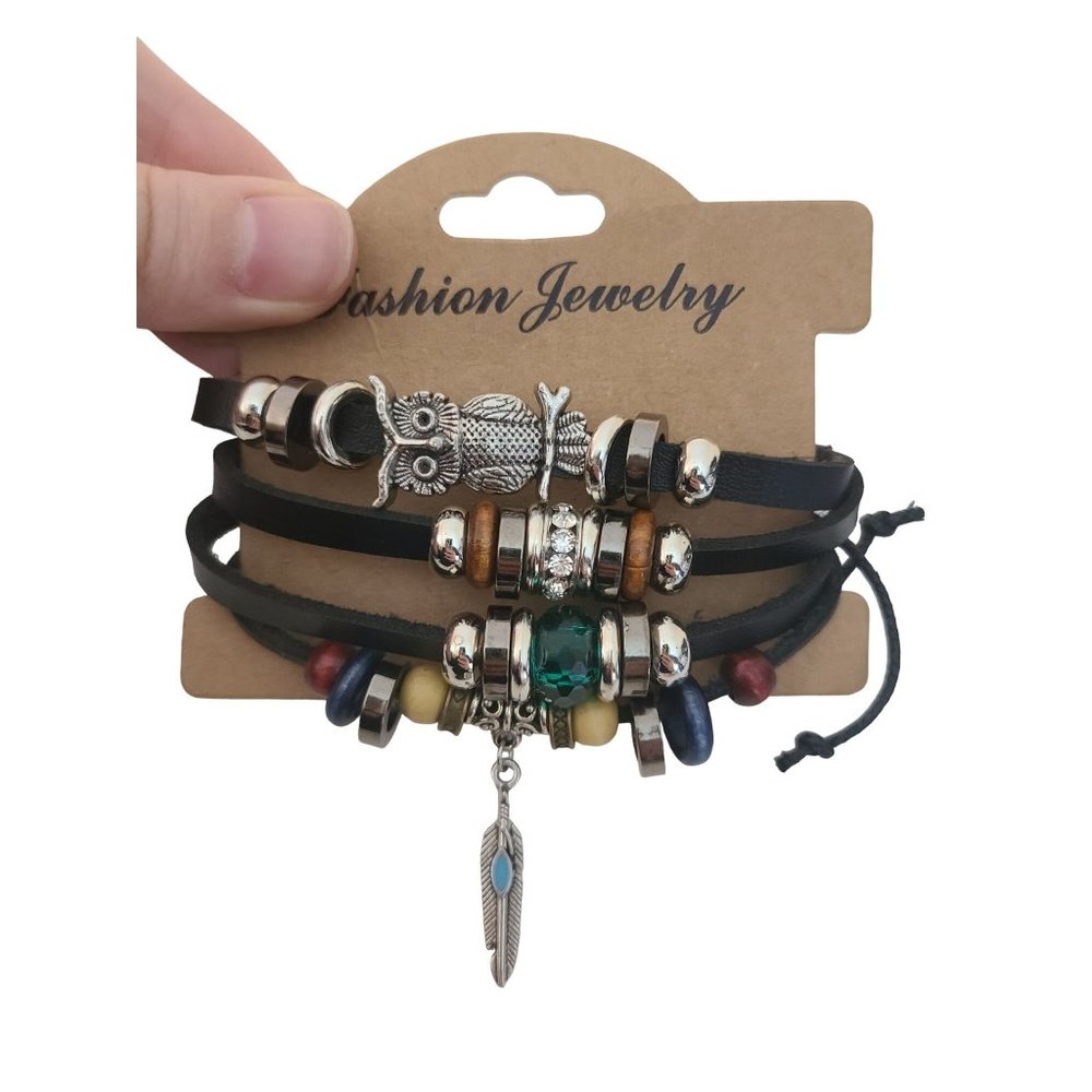 Black Leather Silver Owl Beaded Bracelet Set Adjustable Unisex